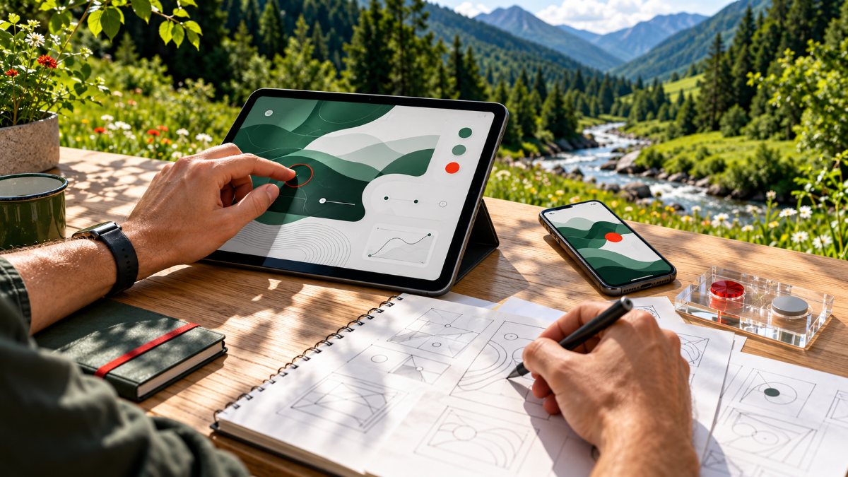 Tablet, telefon a náčrty při navrhování a testování aplikace.